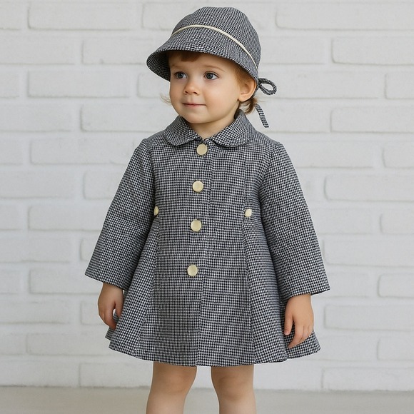 Vintage 60s Toddler Coat & Hat Set Size 3‎ Navy White Houndstooth Bambury Mod
